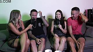 Tattooed Swinger Shows Pussy After Enjoying DP Fetish, Moans While Sitting And Gets Excited From Blowjob - Bruno Abate And Jenni Faria On Sheer Red