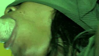 Ebony mouth extracts thick semen from big white cock while blindfolded