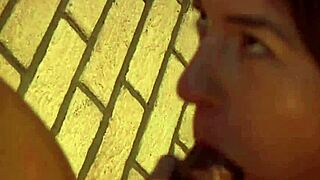 babe sucking black cock behind her apartment in public and swallows cum