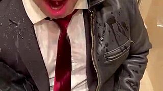 Men in leather costumes play kinky at office