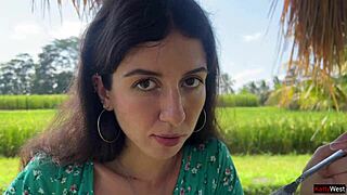 Beautiful Woman Enjoys Liquid Lunch with Cum on Face in Cafe