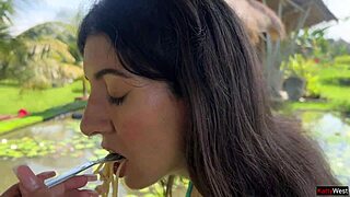 Beautiful Woman Enjoys Liquid Lunch with Cum on Face in Cafe