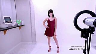 Brunette Model Auditions on Sofa with Bold Presence