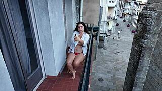in the risky public balcony, my stepsister masturbates her big natural tits