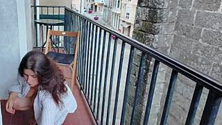 in the risky public balcony, my stepsister masturbates her big natural tits