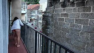 in the risky public balcony, my stepsister masturbates her big natural tits