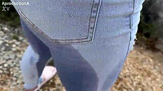 Drinking pee and wetting jeans in public toilet