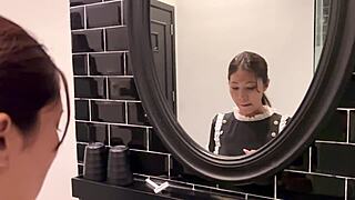 naked asian teen maid moans during blowjob, getting cum covered on her shaved pussy.