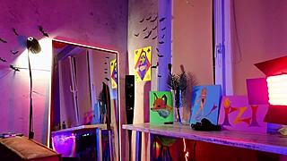 Girl in lingerie uses dildo on pussy.