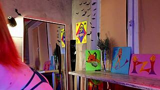 Girl in lingerie uses dildo on pussy.