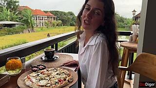 Walking With Cum On Face In Cafe - Girl Eats Pizza And Swallows Cum - Cumwalk