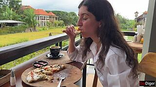 Walking With Cum On Face In Cafe - Girl Eats Pizza And Swallows Cum - Cumwalk