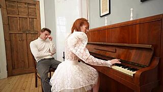 My piano teacher fucks me quickie-style, moaning with brunette and redhead instruction.