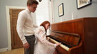 My piano teacher fucks me quickie-style, moaning with brunette and redhead instruction.