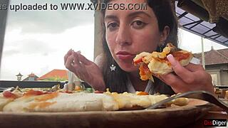 Walking With Cum On Face In Cafe - Girl Eats Pizza And Swallows Cum - Cumwalk