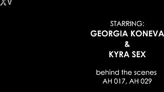 Behind the scenes, Georgia Koneva and Kyra tease in gangbang with anal and face fucking.
