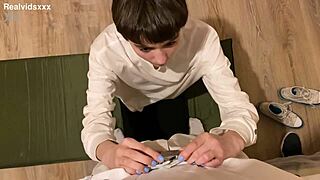 Skinny Brunette Kneels For Ball Licking Blowjob And Facial Cumshot