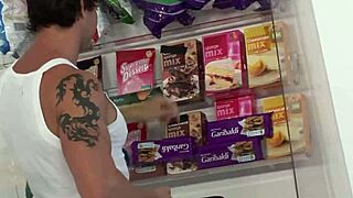 Milf kat lee and kit lee engage in threesome on checkout counter with monster cock