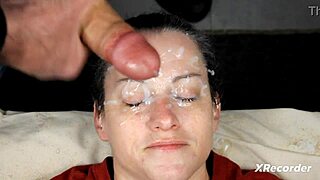 Brunette amateur receives bukkake facial with dirty talk
