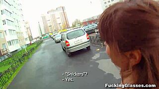 Skinny European teen Rina fucks hard on stairway, shaved pussy exposed, cumshot ending