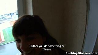 Skinny European teen Rina fucks hard on stairway, shaved pussy exposed, cumshot ending