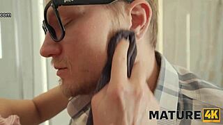 Mature Russian cougar in stockings seduces her stepmom for a shaved pussy fuck.