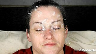 Brunette amateur receives bukkake facial with dirty talk