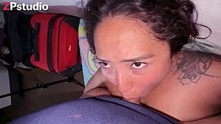 Wow this curvy latina teen slut gives sexy blowjob and gets cum on tits!