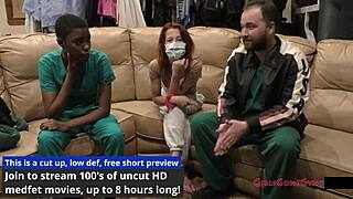 Behind the scenes, the nurse tries on different gloves to see which fits best with Jewel.