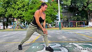 Busty MILF Silvana Lee spots a fitness guy in the park and fucks him