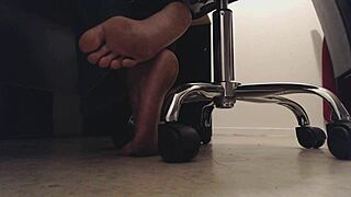 Sneaky foot boy voyeur watches feet underdesk dirty soles and crunching toes