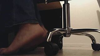 Sneaky foot boy voyeur watches feet underdesk dirty soles and crunching toes