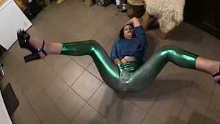 I give a deep blow-job and play with cum on my shiny cameltoe.