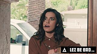 Lez Be Bad! Naughty Pervert Summer Col Welcomes Delivery Girl Chanel Camryn With A Big Strap-On!