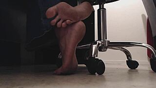 Sneaky foot boy voyeur watches feet underdesk dirty soles and crunching toes