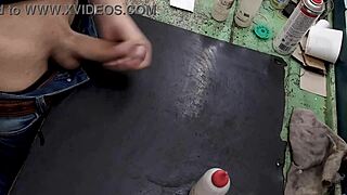 Skinny Teen Masturbates Monster Cock On Workbench At Work.