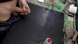 Skinny Teen Masturbates Monster Cock On Workbench At Work.