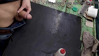 Skinny Teen Masturbates Monster Cock On Workbench At Work.