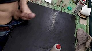 Skinny Teen Masturbates Monster Cock On Workbench At Work.