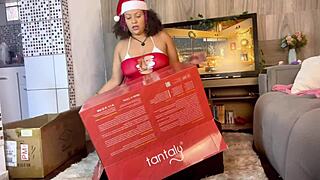 Unboxing beautiful black trans sex doll with big tits and monster dildo