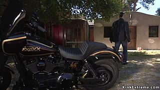 Biker unchained blonde and fucked her rough in bdsm bondage.