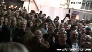 Filthy blonde slut undresses and rubs her twat in public outdoor striptease