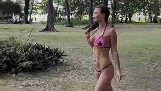 Monika Fox Poses in Pink Bikini on Beach