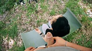 Pov bts of jerking off on ponytail brunette's hand during meditation, leading to deepthroat and huge facial cumshot