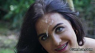 hot babe gets cum load on her face sucking all the jizm 😍