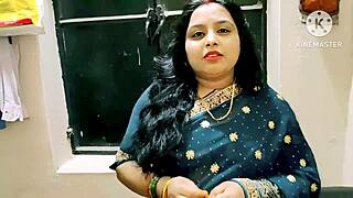 Indian desi woman interacting with neighbor boys in homemade setting