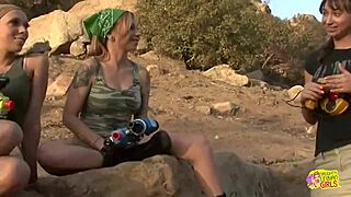 cleaning up after outside fun turns into lesbian threesome