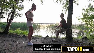 sporty russian cougar says, pick me up, nerdy dude? while jogging