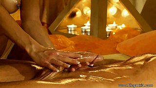 Gorgeous golden blonde MILF receives sensual massage with handjob