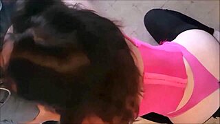 French amateur in satin lingerie performs clothed deepthroat.